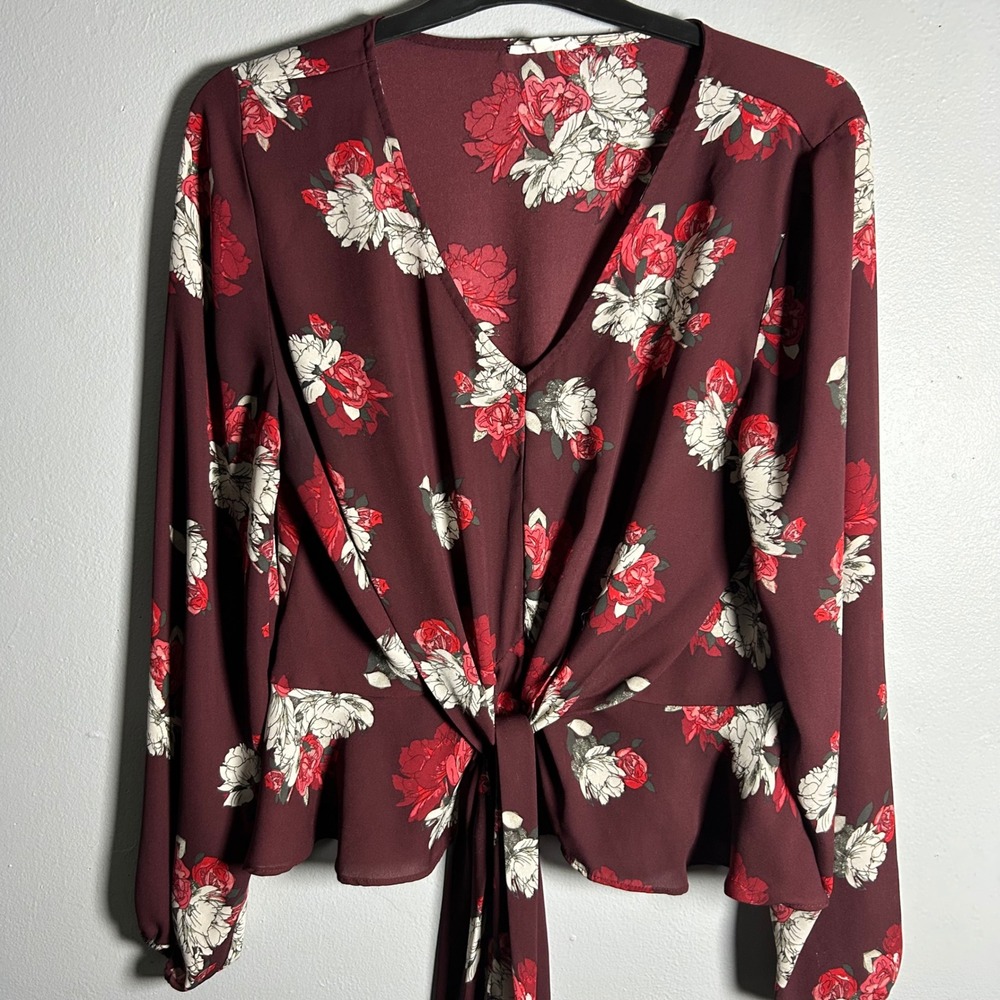 Maurices Burgundy Floral Tie Front Peplum Blouse‎ Long Sleeve Women's M